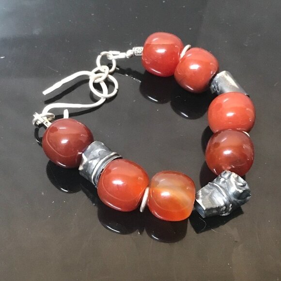 Barrel Carnelian Chunky Bracelet Sterling Silver Tribal Rustic Primitive 925 - Picture 5 of 6